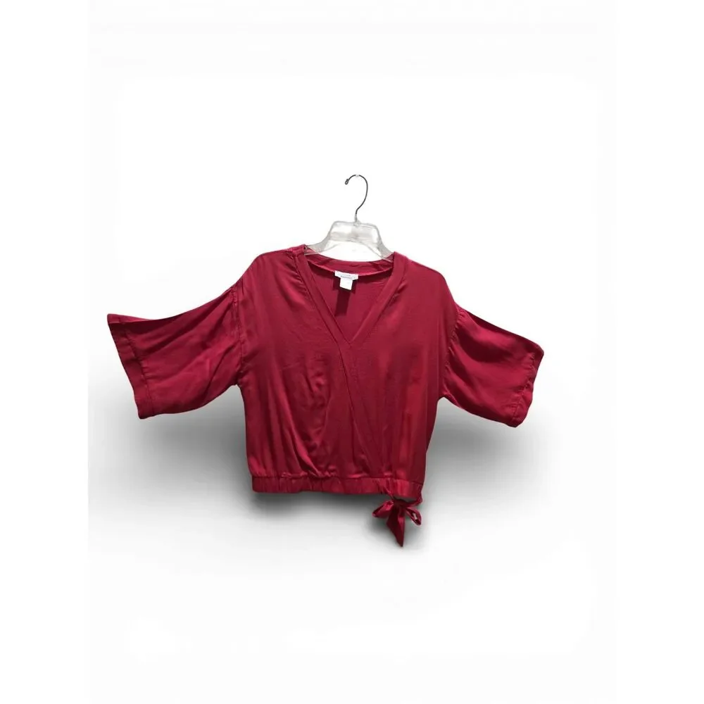 Women’s Burgundy Wrap Front Top | Short Sleeve Tie Waist Blouse | Medium - Picture 5 of 14
